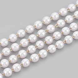 Chaînes de perles en laiton faites à la main de 3.28 pied, soudé, avec bobine, Perle d'imitation en plastique ABS, véritable 18k plaqué or, blanc, 6x5.7mm