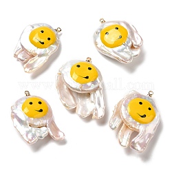 Baroque Style Natural Keshi Pearl Pendants with Enamel, Smiling Face Print Nuggets Charms with Golden Tone Brass Pendant Bails, Seashell Color, 31~38x21~25x8~11mm, Hole: 1.2mm