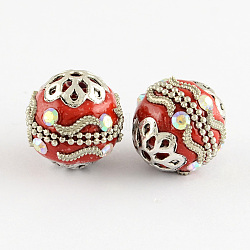 Round Handmade Grade A Rhinestone Indonesia Beads, with Alloy Antique Silver Metal Color Cores, Crimson, 18mm, Hole: 2mm