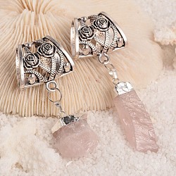 Nuggets rugueuses naturelle quartz rose attaches pendentifs foulard , avec des bélières en alliage d'argent antique, 84~103mm, Trou: 25x12mm