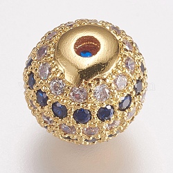Brass Micro Pave Cubic Zirconia Beads, Round, Blue, Golden, 10mm, Hole: 1.5mm