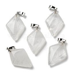 Pendentifs de cristal de quartz naturel, pendentifs en cristal de roche, avec les accessoires en laiton de tonalité de platine, charme de losange, 28~29x17~18x5.5~6mm, Trou: 4x7mm
