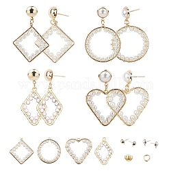DIY Dangle Earring Making Kits, with ABS Plastic Imitation Pearl Pendants, Brass Stud Earring Findings, Mixed Shape, Real 18K Gold Plated, Pendants: 8pcs/box