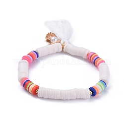 Handmade Polymer Clay Heishi Beads Stretch Bracelets, with Cotton Thread Tassel Pendants and Alloy Charms, Shell with Pearl Shape, PapayaWhip, 2-1/8 inch(5.5cm)