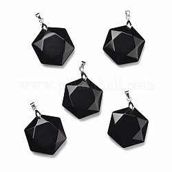 Pendentifs en obsidienne naturelle, avec les accessoires en laiton de tonalité de platine, facette, hexagone, 37x24x10mm, Trou: 4x4mm
