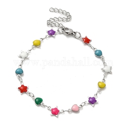304 Stainless Steel Heart & Star Link Chain Bracelet, with Enamel, Colorful, 6-3/4 inch(17.3cm)