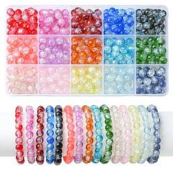 375 pièces 15 couleurs transparent craquelé cuisson peint ensembles de perles de verre, imitation opalite, ronde, couleur mixte, 8.5x7.5mm, Trou: 1.5mm, 25 pcs / couleur