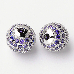 Perles de cubes zircone en laiton , ronde, violet, platine, 10mm