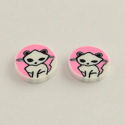 Handmade Kitten Polymer Clay Cabochons for Ear Studs Making, Flat Round, Cartoon Cat, Pearl Pink, 10x2mm