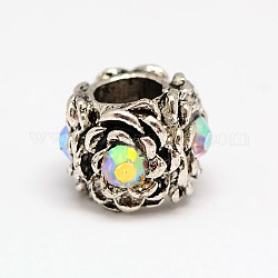Antique Silver Zinc Alloy Rhinestone European Beads, Rondelle with Flower, Crystal AB, 9x12mm, Hole: 5mm