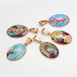 Virgin Mary Theme Glass Pendants, with 201 Stainless Steel Findings, Oval, Golden, Mixed Color, 29.5x18.5x5~6mm, Hole: 4x6mm