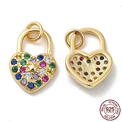 925 Sterling Silver Micro Pave Cubic Zirconia Charms, Heart Lock with Star Charm, with Jump Ring, Real 18K Gold Plated, 11x8x2.5mm, Hole: 2.3mm
