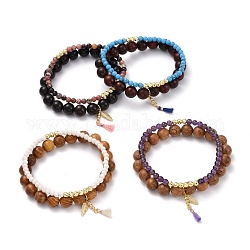Feather & Tassel Charm Bracelets Set, Natural Wood & Mixed Stone Round Beads Bracelets for Girl Women, Golden, Inner Diameter: 2-1/4 inch(5.7~5.8cm), 2pcs/set