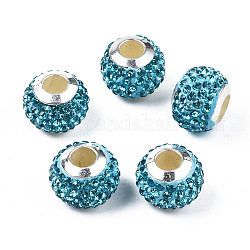 Handgemachte Polymer Lehmrhinestone europäischen Perlen, mit silberfarbenen CCB-Kunststoff-Doppeladern, Großloch perlen, Rondell, Indigolith, 12.5~13x10 mm, Bohrung: 4.5 mm