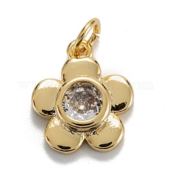 Latón charms de circonio cúbico, real 18k chapado en oro, Plateado de larga duración, flor del ciruelo, Claro, 14x12x3.5mm, agujero: 3 mm, anillo de salto: 5x0.8 mm