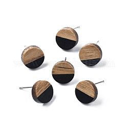 Opaque Resin & Walnut Wood Stud Earrings, with 316 Stainless Steel Pins, Flat Round, Black, 10mm, Pin: 0.7mm
