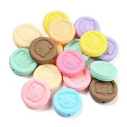 Rubberized Style Opaque Acrylic Beads, Flat Round with Pig, Mixed Color, 22x6.5mm, Hole: 2mm