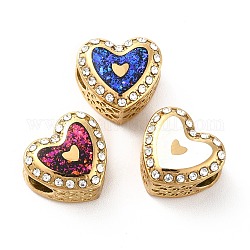 304 Stainless Steel European Beads, Large Hole Beads, with Rhinestone and Enamel, Heart with Heart, Mixed Color, Golden, 11.5x12.5x8.2mm, Hole: 4.2mm