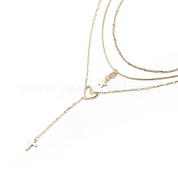 3Pcs 3 Style Brass Star & Heart & Cross Pendant Necklaces Set with Satellite Chains, Lariat Style Stackable Necklaces for Women, Golden, 15.75~17.52 inch(40~44.5cm), 1Pc/style