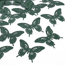 Enlaces de unión de filigrana de acero inoxidable 430 pintado con aerosol, adornos de metal grabados, mariposa, verde oscuro, 35x44x0.4mm, agujero: 1~1.6 mm