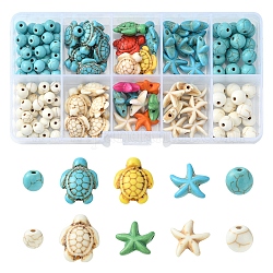 Kit di perline turchesi sintetiche fai da te, tinto, rotondo e tartaruga e stella marina, forme misto, colore misto, 6~18x6~14x4.5~8mm, Foro: 1~1.5 mm, 129pcs/scatola