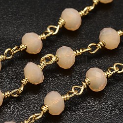 Faceted Rondelle Handmade Electroplate Glass Beaded Chains, Unwelded, with Spool, with Golden Plated Brass Findings, PeachPuff, 6x4mm, about 32.8 Feet(10m)/roll