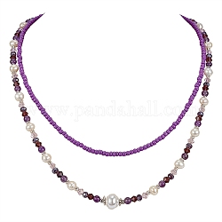 Glass Seed Beaded Necklaces Set, Natural Amethyst & Pearl & Imitation Pearl Beads Necklaces for Women, Medium Orchid, 17.3~20.5 inch(44~52cm), 2pcs/set