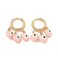 Enamel Evil Eye Dangle Hoop Earrings, Gold Plated 304 Stainless Steel Jewelry for Women, Pearl Pink, 27mm, Pin: 1mm