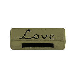 Tibetan Style Alloy Slide Charm Beads, Lead Free and Nickel Free, Rectangle with Word(Love), Antique Bronze, 18x6x5mm, Hole: 10x2mm, about 438pcs/1000g