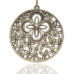Tibetan Style Alloy Big Pendants, Flat Round with Flower Patten, Antique Silver, 62x58x3.5mm, Hole: 3mm