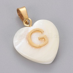 Shell Pendants, with 304 Stainless Steel Findings, Heart with Letter, Golden, Letter.G, 23.5x20x7mm, Hole: 3.5x7mm