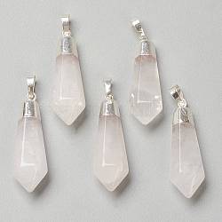 Pendentifs de cristal de quartz naturel, pendentifs en cristal de roche, avec les accessoires en laiton argent, facette, balle, 40x12x11mm, Trou: 7x5mm