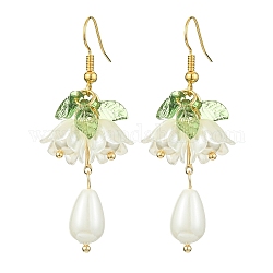 Orecchini pendenti con perle naturali e fiori acrilici, Orecchini in lega, bianco, 50~54x20mm