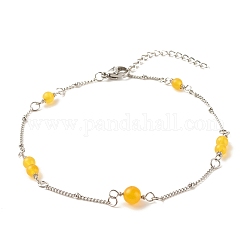 Natural Dyed White Jade & Malaysia Jade Anklets for Women, 304 Stainless Steel Satellite Chains Anklets, Gold, 9-7/8 inch(25cm)