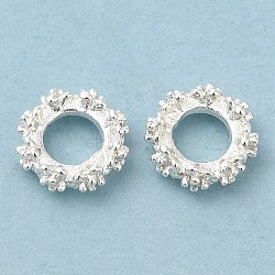 Rack Plating Brass Micro Pave Cubic Zirconia Beads, Long-Lasting Plated, Lead Free & Cadmium Free, Flat Round with Flower, Silver Color Plated, 8x3mm, Hole: 4mm