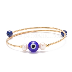 Lapislazzuli naturali (tinti) e malocchio lampwork e braccialetto con perline di perle naturali, braccialetto di coppia in ottone per le donne, oro, diametro interno: 2-1/8 pollice (5.5 cm)