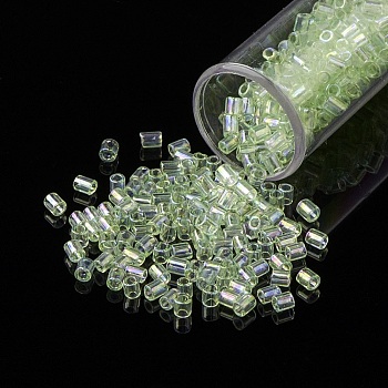 TOHO Transparent Glass Bugle Beads, Round Hole, Dyed, Colors Lustered, Light Green, 2x1.7~1.8mm, Hole: 1mm, about 600pcs/10g