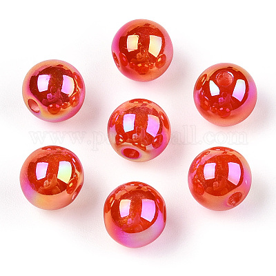 半透明の樹脂ビーズ キラキラビーズ ラウンド レッドオレンジ 8x7.5mm