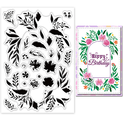 GLOBLELAND Layered Flowers Background Clear Stamps Layering Leaves Wreath  Frame Silicone Clear Stamp Seals for Cards Making DIY Scrapbooking Photo