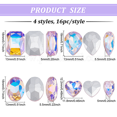 Wholesale FINGERINSPIRE 64 Pcs 4 Shapes Pointed Back Rhinestone Glass Rhinestones  Gems Pink AB Color Rectangle/Teardrop/Heart/Oval Crystal Jewels  Embelishments with Silver Plated Back for Craft Making 