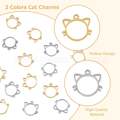 DICOSMETIC 20pcs 2 Colors Open Back Bezel Pendants Cat Head Jewelry Molds for Epoxy Resin Crafts Small Cat Hollow Frame Charms