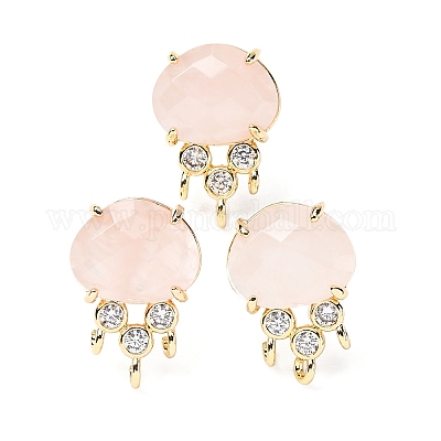 Фурнитура для сережек-гвоздиков из латуни с микропаве из кубического циркония и натуральным розовым кварцем KK-Z096-05G-07-1