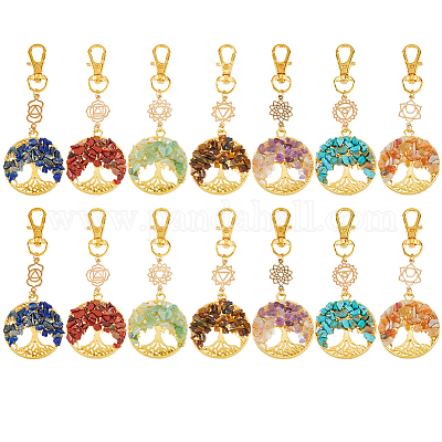 14 шт. 7 цвета чакра натуральные и синтетические драгоценные камни бусины и сплав древо жизни подвеска украшения HJEW-FH00151-1