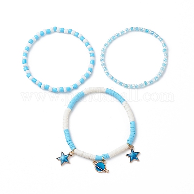 Set of 3 - Bracelets Trendy White And Gold - Clay Beads Glass Beads - Size  16mm