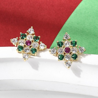 Серьги-гвоздики из латуни с микропаве из кубических цирконий в форме ромба EJEW-L306-02G-1