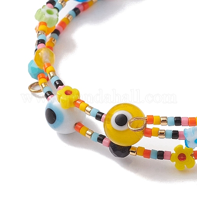 Браслет с оберткой лэмпворк и стеклянными бусинами от сглаза и стальной проволокой BJEW-MZ00052-1