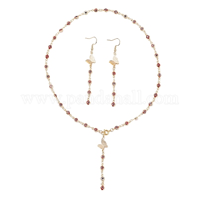 Комплекты из серег и ожерелий ручной работы с элементами лэмпворка от сглаза и латунной фурнитурой SJEW-JS01350-01-1