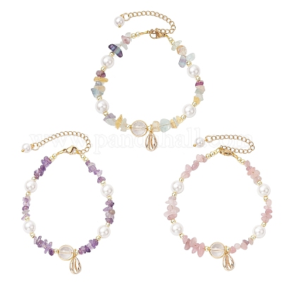 3шт. браслеты с бусинами из натурального кварцевого кристалла BJEW-JB11917-1