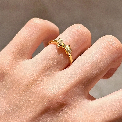 Регулируемые кольца из латуни с бантом и микро-паве с прозрачным фианитом для женщин RJEW-P124-04G-1