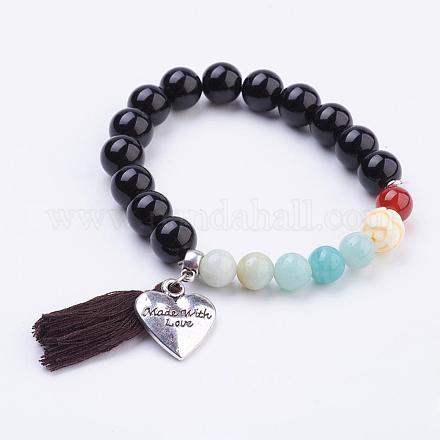 Natural/Synthetic Black Stone & Gemstone Stretch Charm Bracelets BJEW-JB03316-02-1